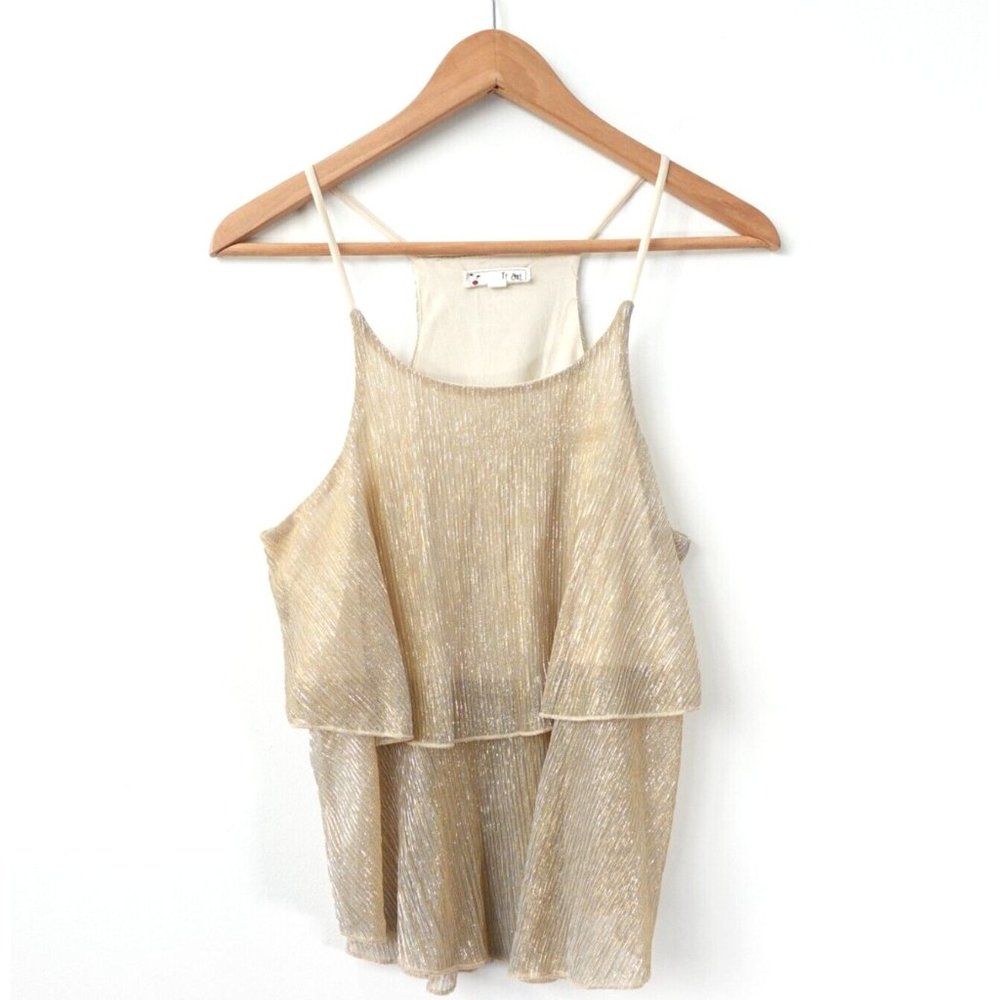 Beige Top Womens Medium Layered Metallic Floaty Racer back Sparkle Flowy IT GIRL